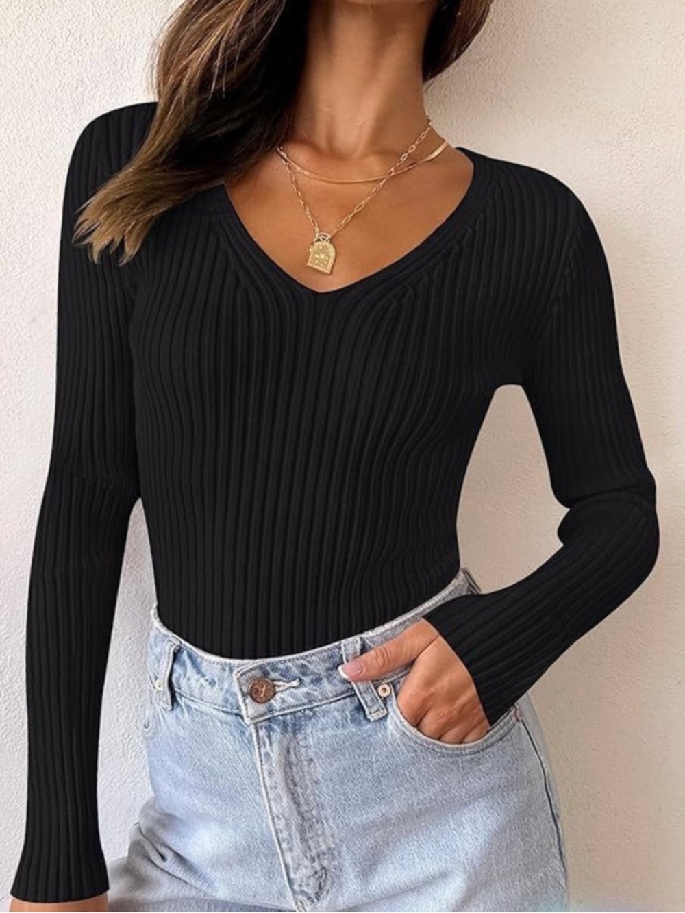 Cozy Everyday Wear Black Long Sleeve V-Neck Ribbed Knit Sweater